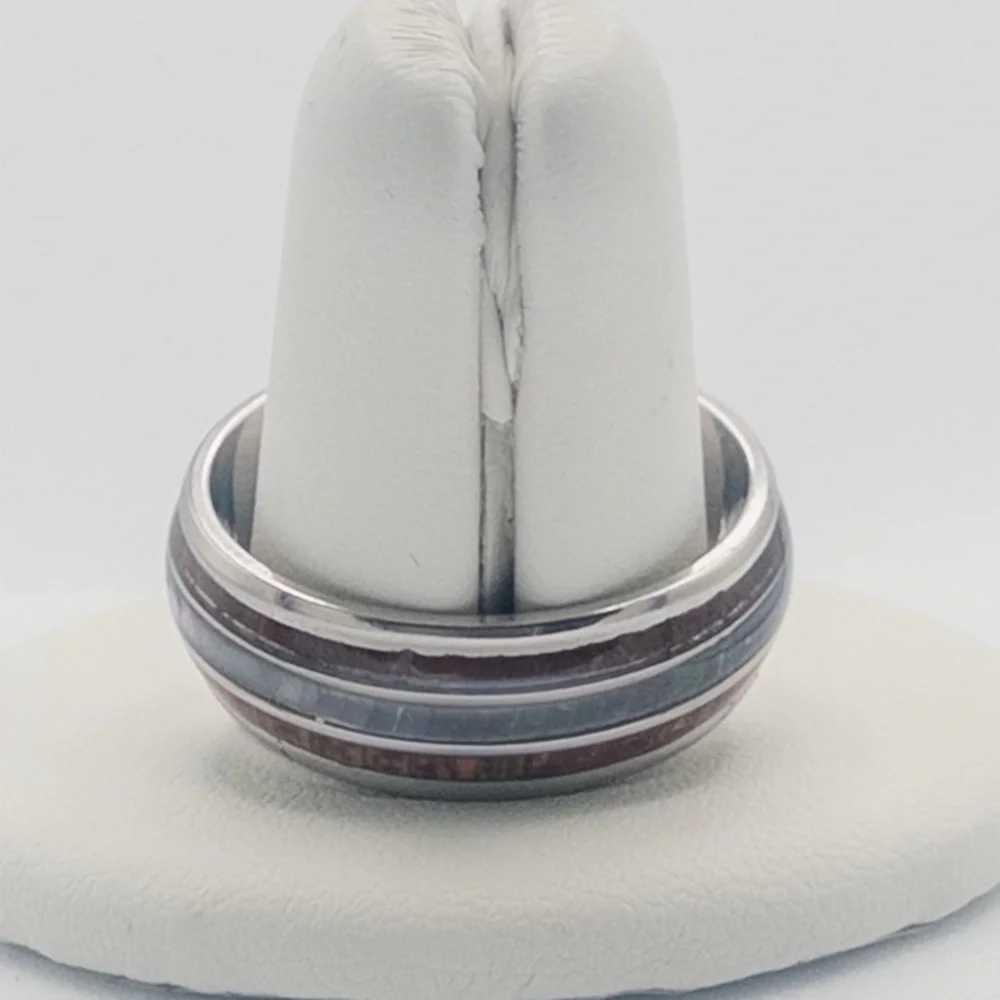 Mens Tungsten Carbide Ring With Wood & Opal Inlay Durable & Stylish Design